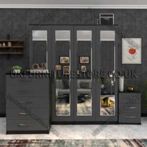 Front Gray Side Black 4 Door Wardrobe Set With 4 Mirrors and Drawer