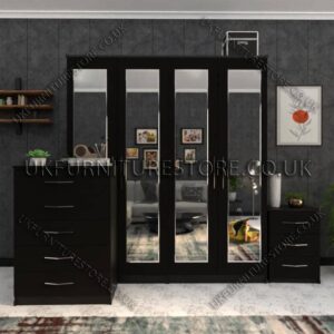Black 4 Door Wardrobe Set With 4 Mirrors and Drawer