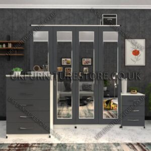 Front Gray Side White 4 Door Wardrobe Set With 4 Mirrors and Drawer