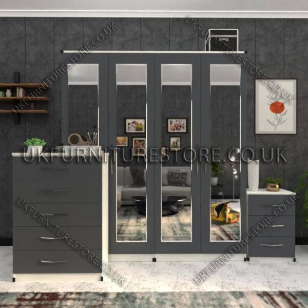 Front Gray Side White 4 Door Wardrobe Set With 4 Mirrors and Drawer