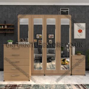Oak 4 Door Wardrobe Set With 4 Mirrors and Drawer