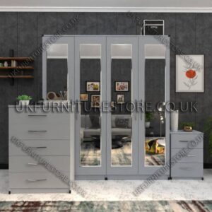 Silver 4 Door Wardrobe Set With 4 Mirrors and Drawer