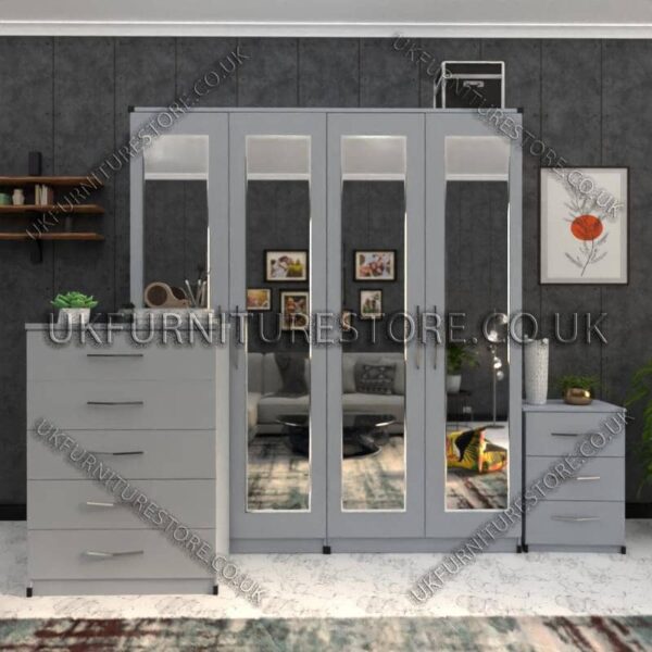 Silver 4 Door Wardrobe Set With 4 Mirrors and Drawer