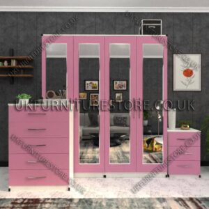 Front Pink Side White 4 Door Wardrobe Set With 4 Mirrors and Drawer