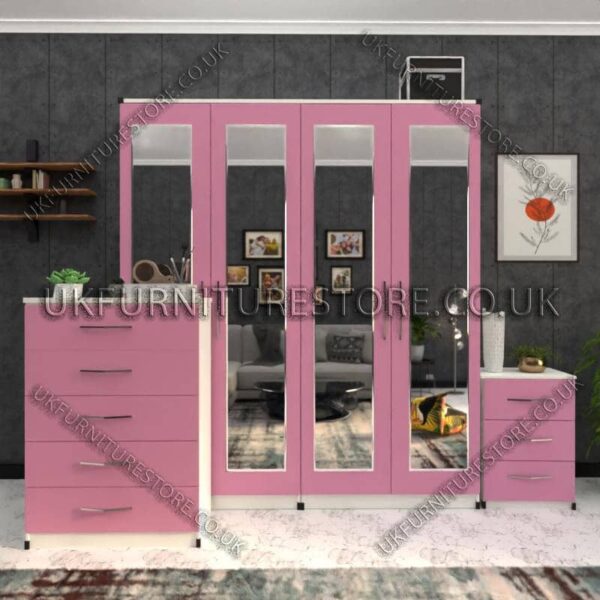 Front Pink Side White 4 Door Wardrobe Set With 4 Mirrors and Drawer