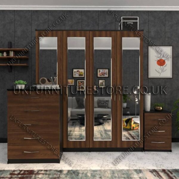 Front Walnut Side Black 4 Door Wardrobe Set With 4 Mirrors and Drawer