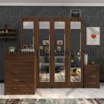 Walnut 4 Door Wardrobe Set With 4 Mirrors and Drawer