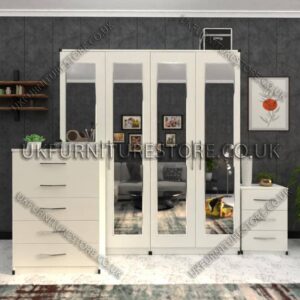 White 4 Door Wardrobe Set With 4 Mirrors and Drawer