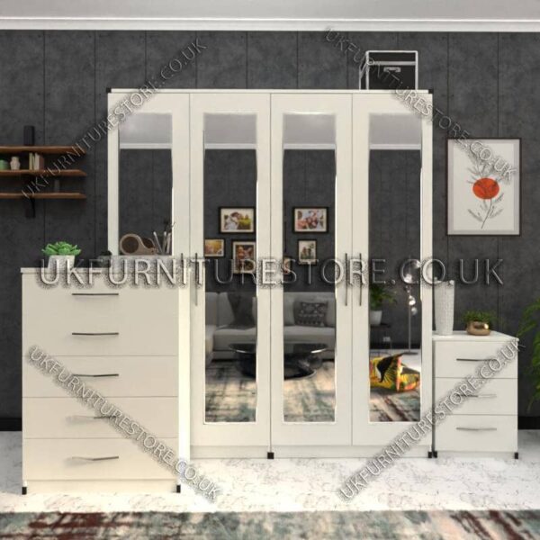 White 4 Door Wardrobe Set With 4 Mirrors and Drawer