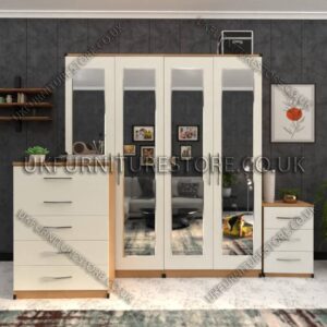 Front White Side Oak 4 Door Wardrobe Set With 4 Mirrors and Drawer