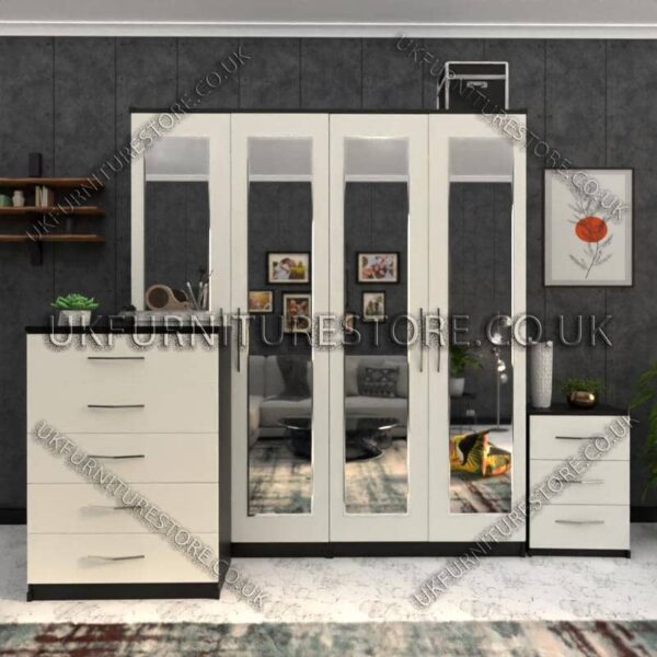 Front White Side Black 4 Door Wardrobe Set With 4 Mirrors and Drawer
