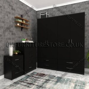 Black 4 Door Wardrobe Set With 4 Bottom Drawers