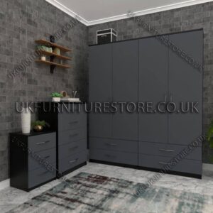 Front Gray Side Black 4 Door Wardrobe Set With 4 Bottom Drawers