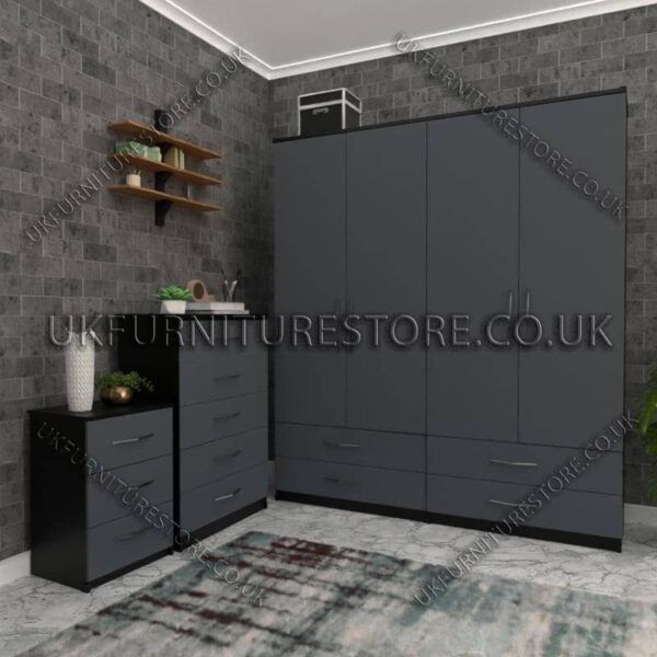 Front Gray Side Black 4 Door Wardrobe Set With 4 Bottom Drawers