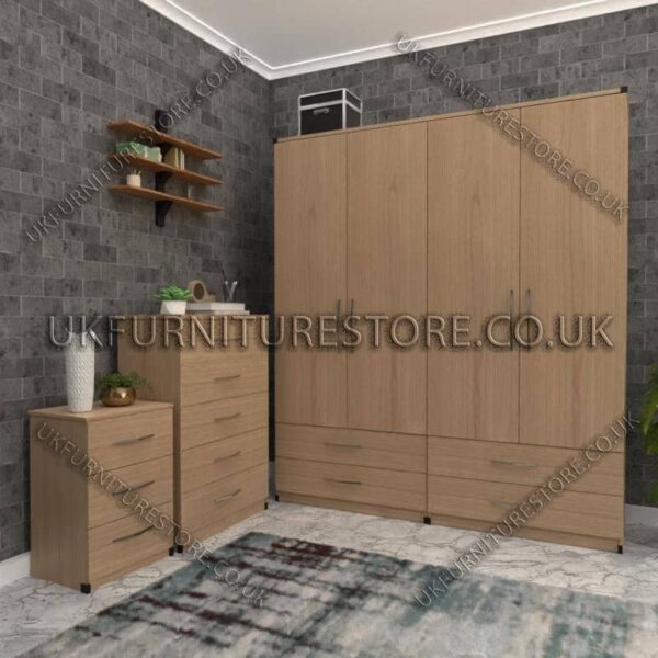 Oak 4 Door Wardrobe Set With 4 Bottom Drawers