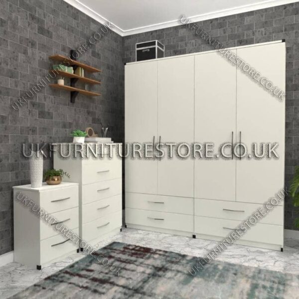 White 4 Door Wardrobe Set With 4 Bottom Drawers