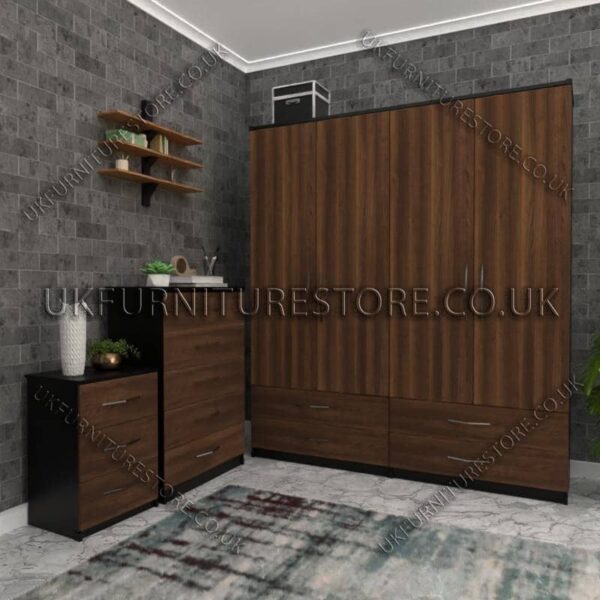 Front Walnut Side Black 4 Door Wardrobe Set With 4 Bottom Drawers
