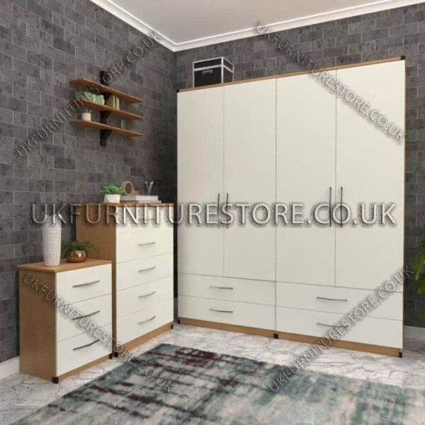 Front White Side Beech 4 Door Wardrobe Set With 4 Bottom Drawers