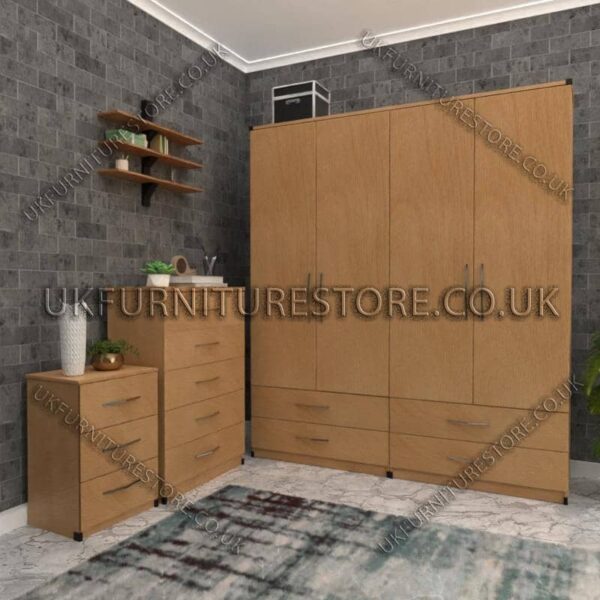 Beech 4 Door Wardrobe Set With 4 Bottom Drawers
