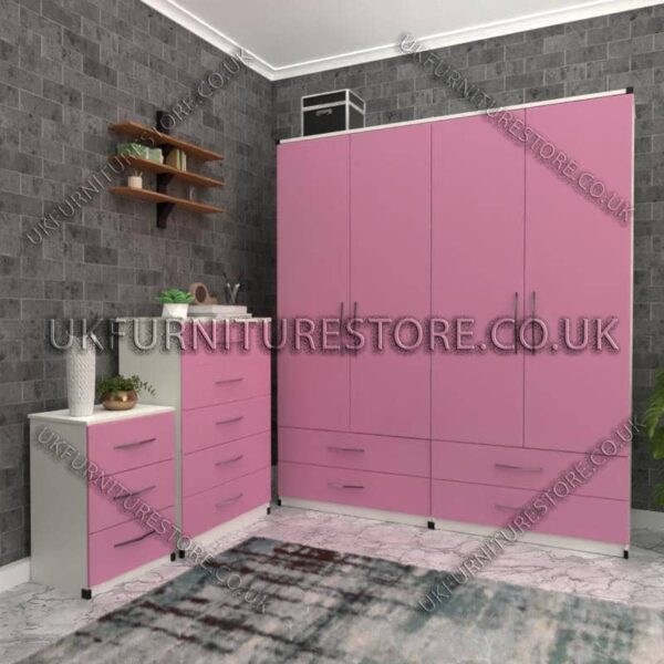 Front Pink Side White 4 Door Wardrobe Set With 4 Bottom Drawers
