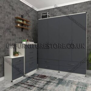 Front Gray Side White 4 Door Wardrobe Set With 4 Bottom Drawers