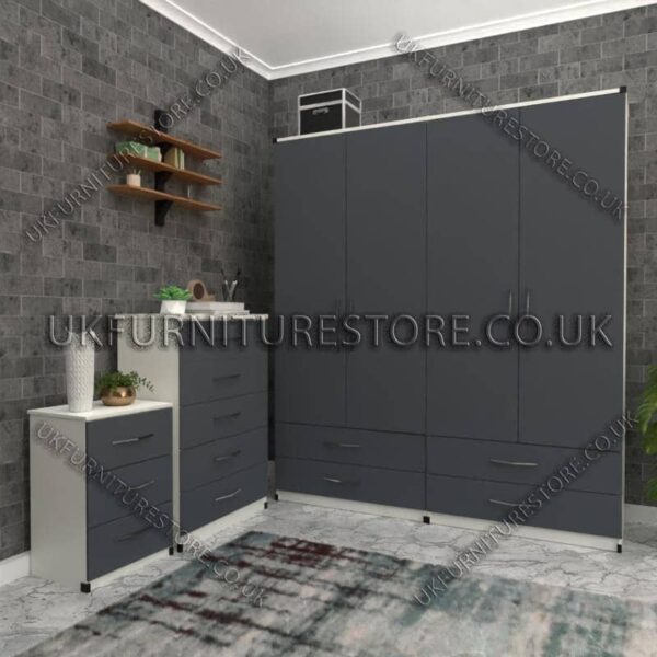 Front Gray Side White 4 Door Wardrobe Set With 4 Bottom Drawers