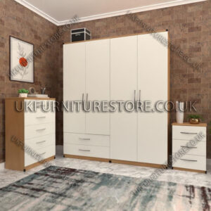 Front White Side Beech 4 Door Wardrobe Set With 2 Bottom Drawers