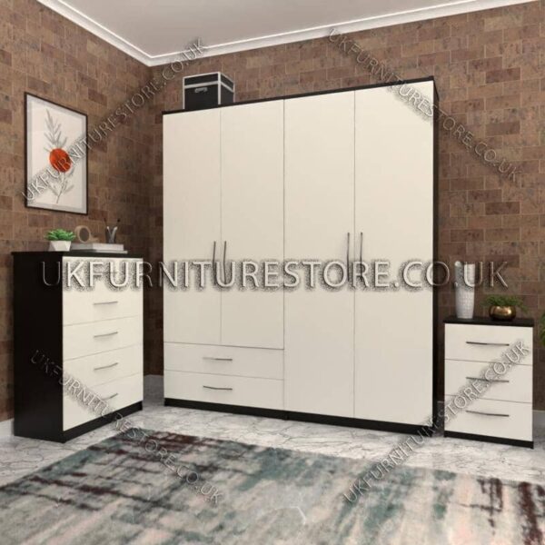 Front White Side Black 4 Door Wardrobe Set With 2 Bottom Drawers