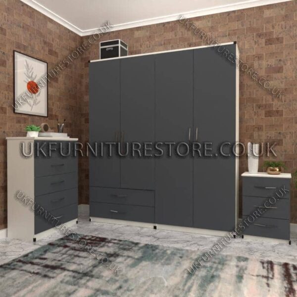 Front Gray Side White 4 Door Wardrobe Set With 2 Bottom Drawers