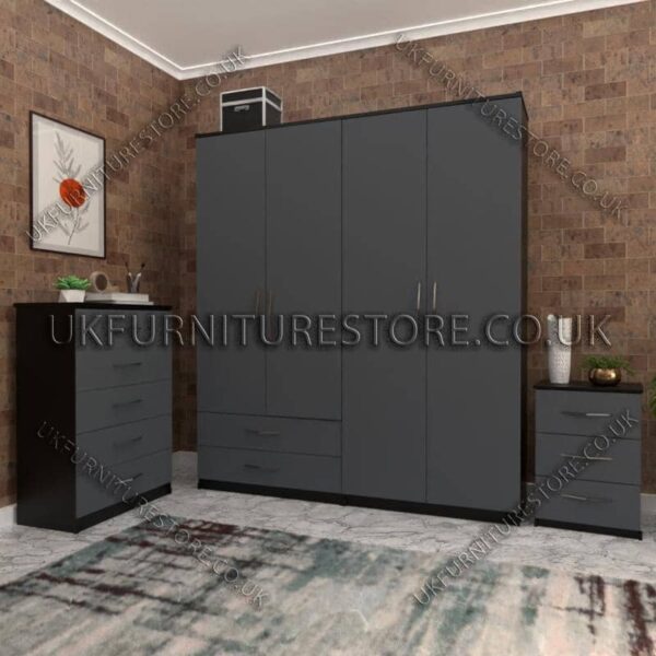 Front Gray Side Black 4 Door Wardrobe Set With 2 Bottom Drawers
