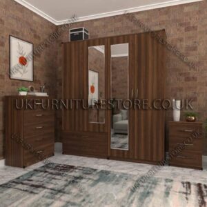 Walnut 4 Door Wardrobe Set With 2 Mirrors and 2 Bottom Drawers