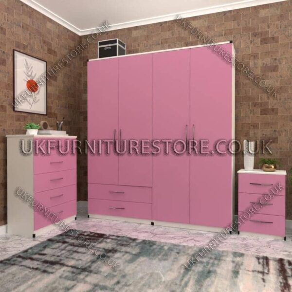 Front Pink Side White 4 Door Wardrobe Set With 2 Bottom Drawers