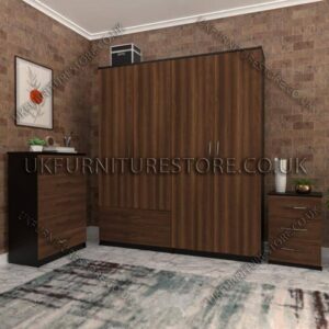Front Walnut Side Black 4 Door Wardrobe Set With 2 Bottom Drawers