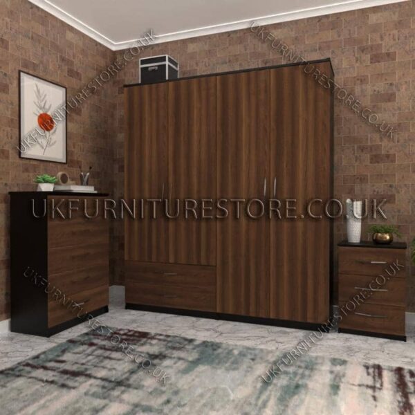 Front Walnut Side Black 4 Door Wardrobe Set With 2 Bottom Drawers