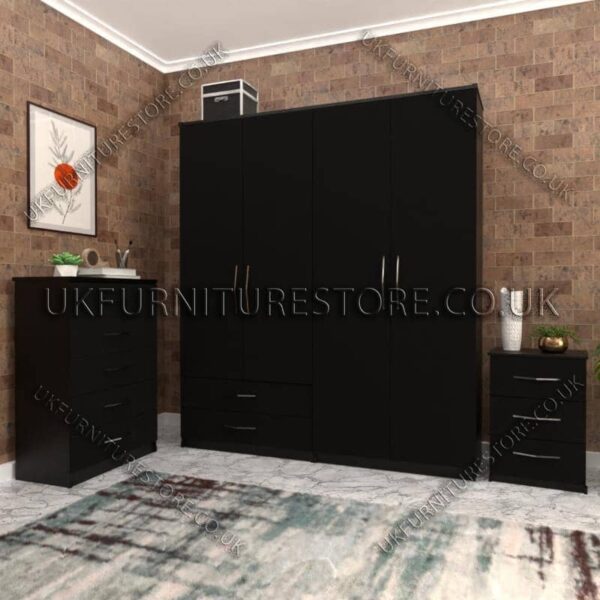 Black 4 Door Wardrobe Set With 2 Bottom Drawers