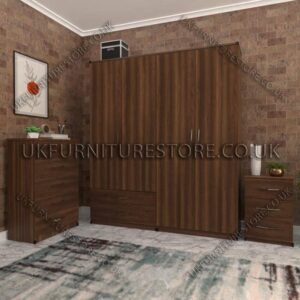 Walnut 4 Door Wardrobe Set With 2 Bottom Drawers