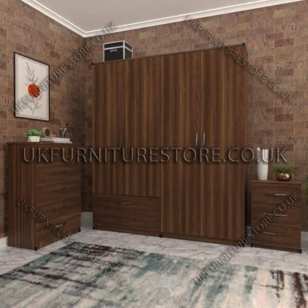 Walnut 4 Door Wardrobe Set With 2 Bottom Drawers