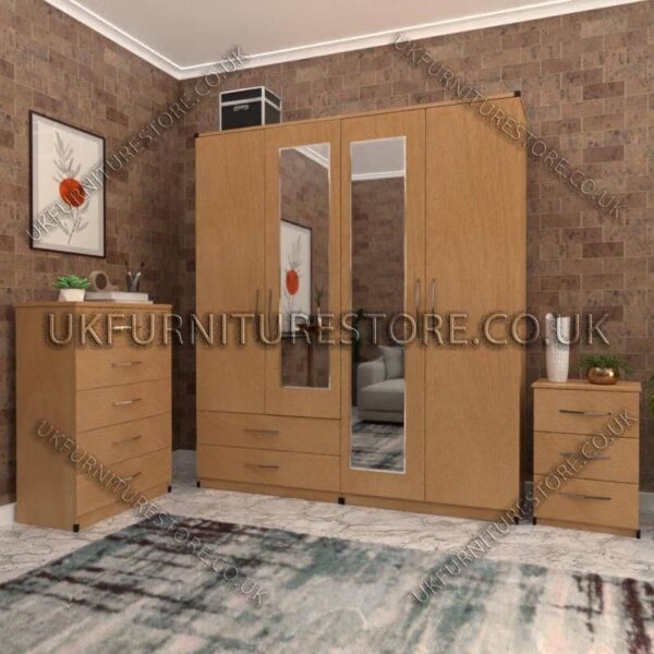 Beech 4 Door Wardrobe Set With 2 Mirrors and 2 Bottom Drawers