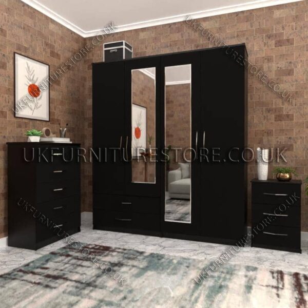 Black 4 Door Wardrobe Set With 2 Mirrors and 2 Bottom Drawers