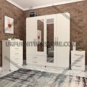 White 4 Door Wardrobe Set With 2 Mirrors and 2 Bottom Drawers