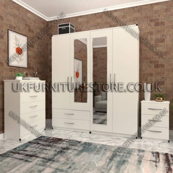 White 4 Door Wardrobe Set With 2 Mirrors and 2 Bottom Drawers