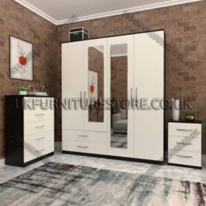 Front White Side Black 4 Door Wardrobe Set With 2 Mirrors and 2 Bottom Drawers