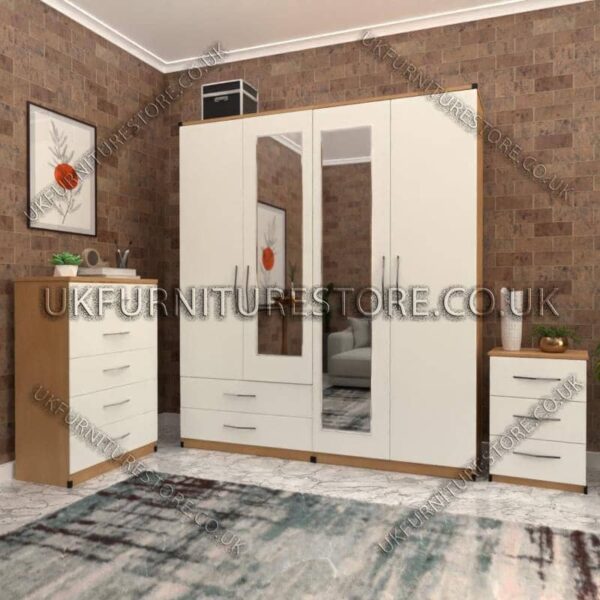 Front White Side Beech 4 Door Wardrobe Set With 2 Mirrors and 2 Bottom Drawers