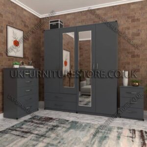 Gray 4 Door Wardrobe Set With 2 Mirrors and 2 Bottom Drawers