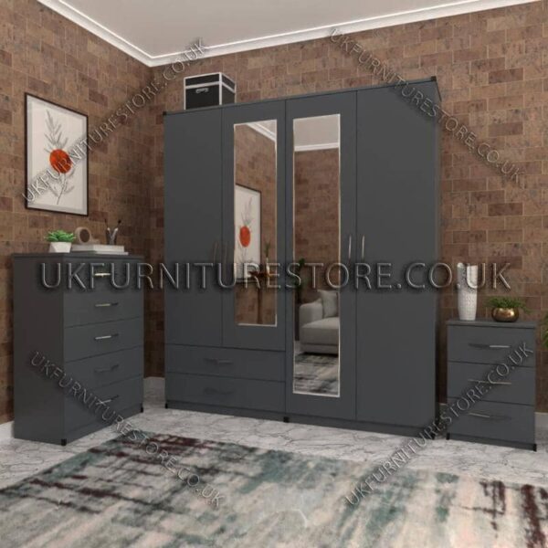 Gray 4 Door Wardrobe Set With 2 Mirrors and 2 Bottom Drawers