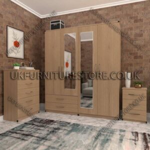 Oak 4 Door Wardrobe Set With 2 Mirrors and 2 Bottom Drawers