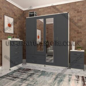 Front Gray Side White 4 Door Wardrobe Set With 2 Mirrors and 2 Bottom Drawers