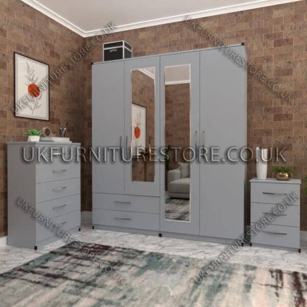 Silver 4 Door Wardrobe Set With 2 Mirrors and 2 Bottom Drawers