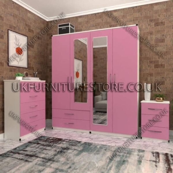 Front Pink Side White 4 Door Wardrobe Set With 2 Mirrors and 2 Bottom Drawers