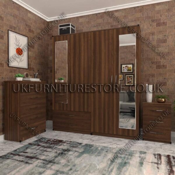 Walnut 4 Door Wardrobe Set With 2 Mirrors and 2 Bottom Drawers